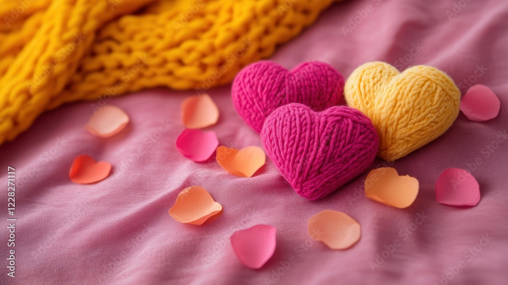 Two intertwined hearts rest on a bed scattered with petals, draped in a soft scarf, radiating love and romance on this special Valentine's Day. Two intertwined hearts rest on a bed scattered with petals, draped in a soft scarf, radiating love and romance on this special Valentine's Day.