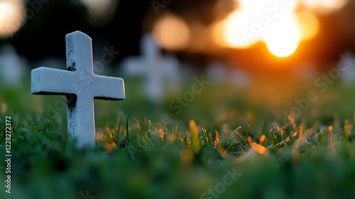 White stone cross gravestone on green grass at sunset with golden sunlight and bokeh background, peaceful cemetery memorial scene.
