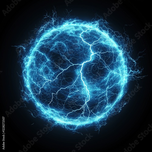 Glowing electric energy sphere with blue lightning bolts on dark background, powerful futuristic abstract digital 