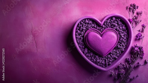 A charming purple heart-shaped box cradles a delicate plant, set against a soft pink wall, embodying love and nature's beauty for Valentine's Day.
