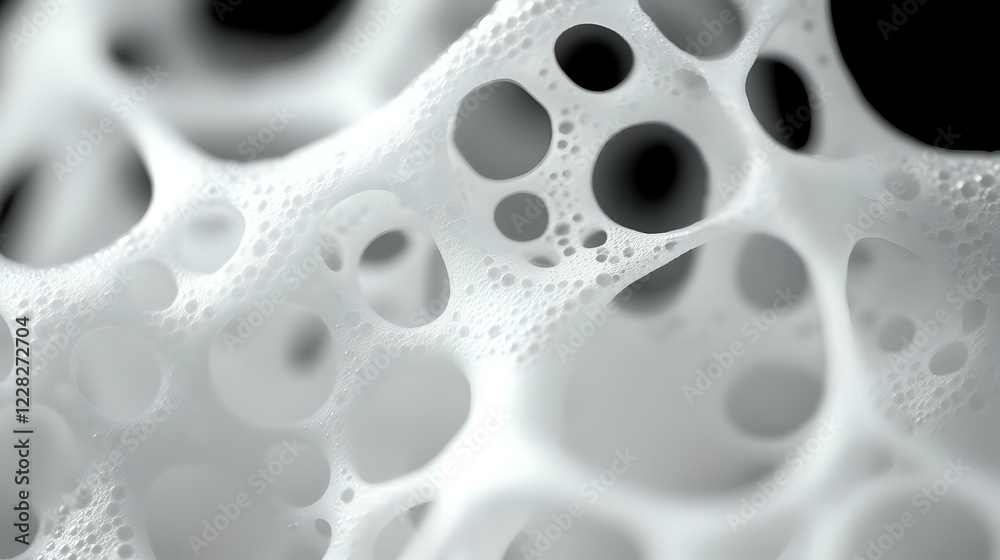 Macro photography of white foam or sponge material with circular holes and bubbles creating abstract geometric pattern with depth and texture for backgrounds. Macro photography of white foam or sponge material with circular holes and bubbles creating abstract geometric pattern with depth and texture for backgrounds.