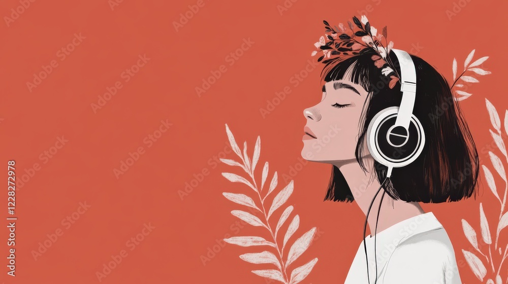 Obraz premium Woman enjoying music with headphones, surrounded by floral elements
