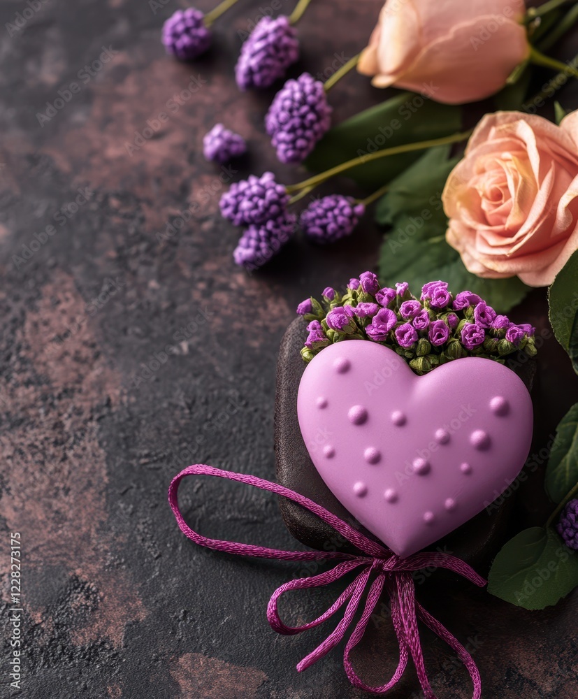 A delightful purple heart-shaped cookie adorned with vibrant flowers and a delicate ribbon, beautifully presented on a charming table for Valentine's Day. A delightful purple heart-shaped cookie adorned with vibrant flowers and a delicate ribbon, beautifully presented on a charming table for Valentine's Day.