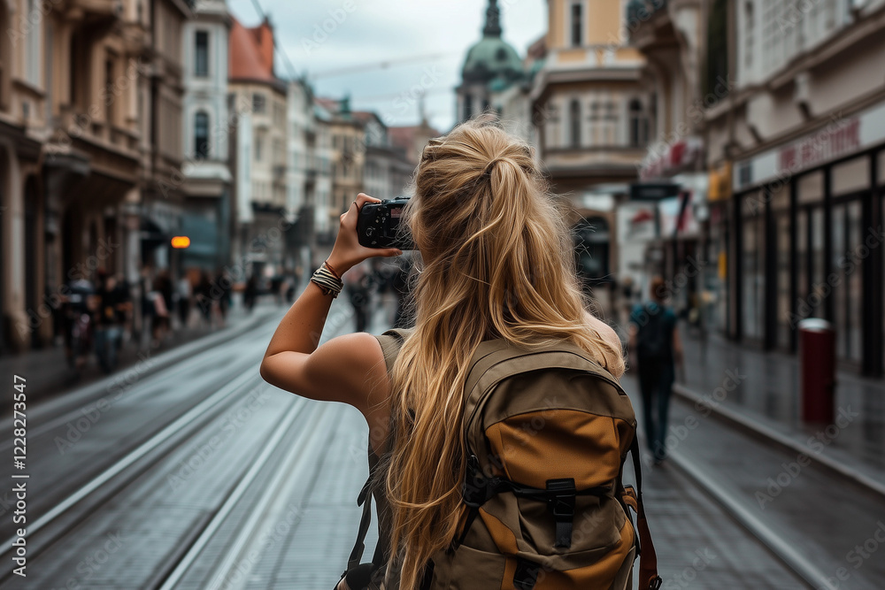 Obraz premium Touriste de dos prenant une photo dans une rue