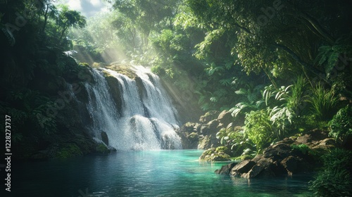 Lush Jungle Waterfall Pool, Sunlight Rays