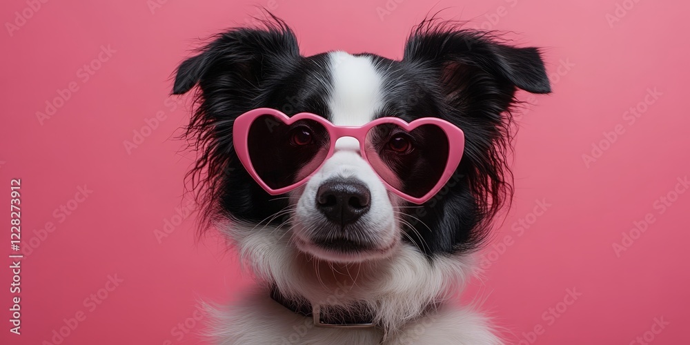 Fototapeta premium A black-and-white dog wearing pink heart-shaped sunglasses, radiating fun and love. Perfect for Valentine's promotions.