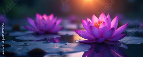 Softly glowing purple lotus flowers illuminate the pond's surface at dawn, casting a mystical glow, serene landscape, morning light, peaceful ambiance