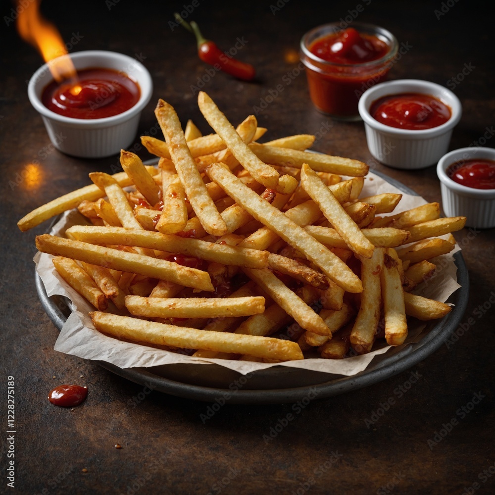 A plate of golden French fries served with a side of ketchup for dipping. Stack of french fries on plate background Crispy Golden French Fries Served on Brown Paper With Two Bowls of Rich Ketchup in A plate of golden French fries served with a side of ketchup for dipping. Stack of french fries on plate background Crispy Golden French Fries Served on Brown Paper With Two Bowls of Rich Ketchup in