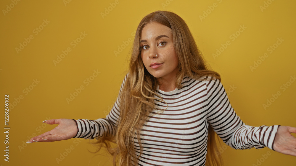 Young woman with long blonde hair and striped shirt expressing confusion over isolated yellow background Young woman with long blonde hair and striped shirt expressing confusion over isolated yellow background