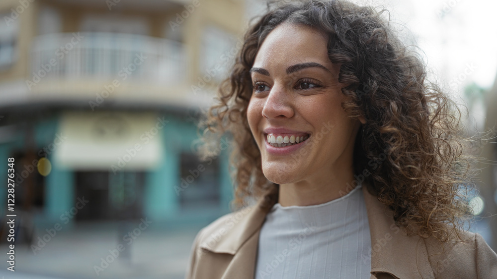 Woman smiling with curly hair standing on an urban street, capturing a vibrant city atmosphere under daylight. Woman smiling with curly hair standing on an urban street, capturing a vibrant city atmosphere under daylight.