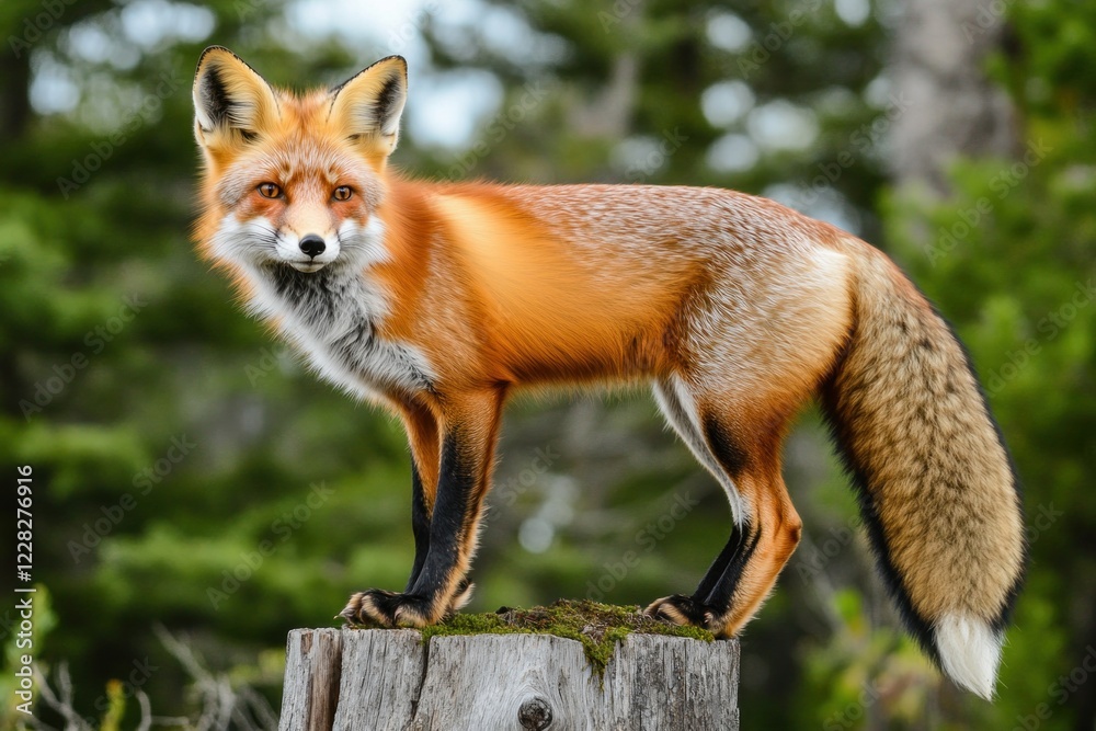 Naklejka premium A red fox poses on a tree stump, illuminated by warm sunlight in an autumn forest setting