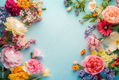 Colorful spring flowers flat lay on a pastel background, perfect for decoration