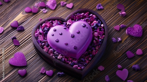 A delightful purple heart-shaped chocolate nestled in a heart-shaped box, surrounded by whimsical pink and purple hearts, perfect for Valentine's Day.