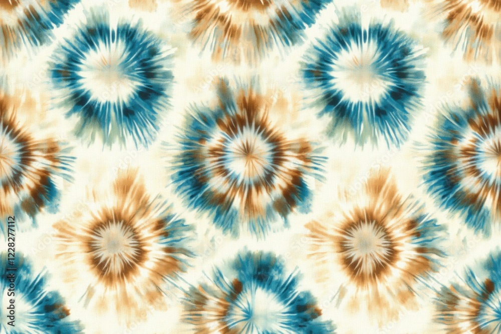 Discover a vibrant tie-dye of turquoise and orange circles with abstract watercolor textures