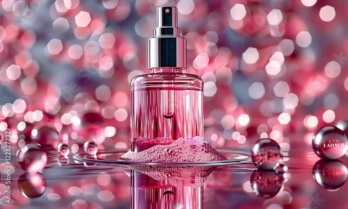 Pink perfume spray bottle bokeh background photo