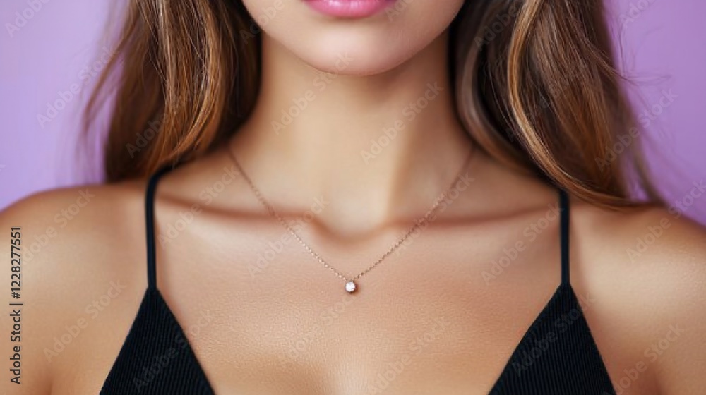 Close-up of a Woman Wearing Delicate Dainty Necklace Close-up of a Woman Wearing Delicate Dainty Necklace