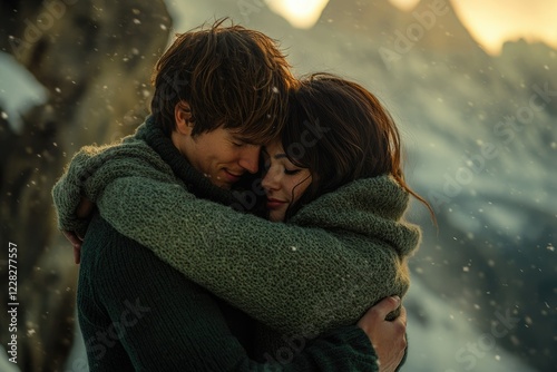 A couple embraces warmly amidst a snowy mountain landscape, finding solace and love in the serene winter scene. photo