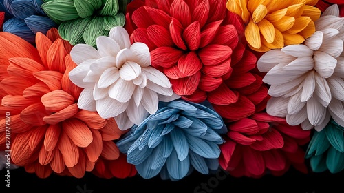 Colorful paper flowers bouquet, close-up, dark background, craft art, design
