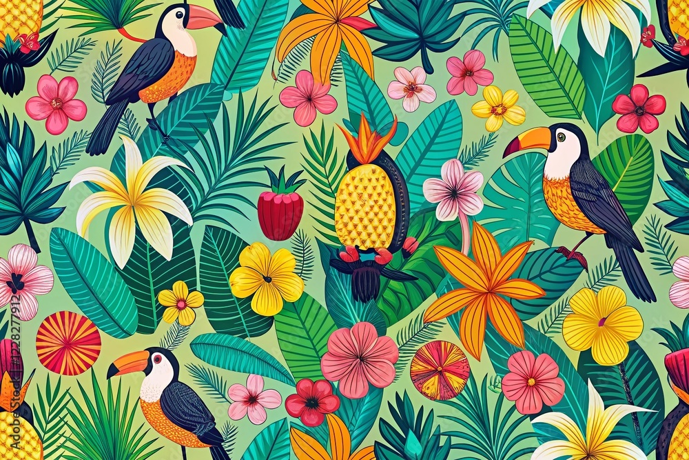Fototapeta premium Modern Tropical Doodle Pattern: Vibrant Seamless Background for Design Projects