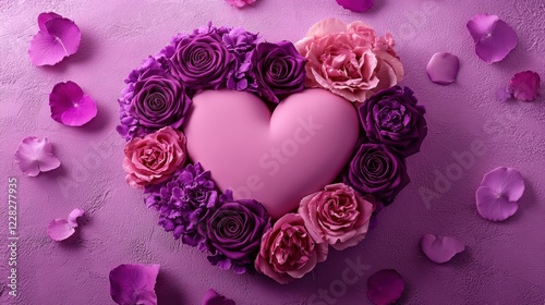 A delightful purple heart-shaped cake adorned with roses and petals, set against a dreamy purple backdrop, perfect for celebrating love on Valentine's Day.