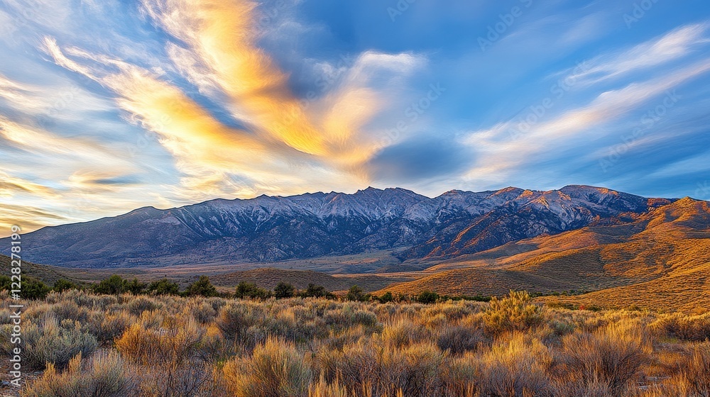 Majestic mountain range under a vibrant sky at sunset, showcasing nature's beauty and tranquility Majestic mountain range under a vibrant sky at sunset, showcasing nature's beauty and tranquility