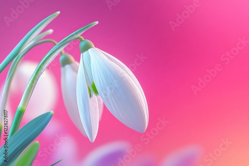 Snowdrop blossoms shine on a vibrant pink backdrop, ideal for diverse designs