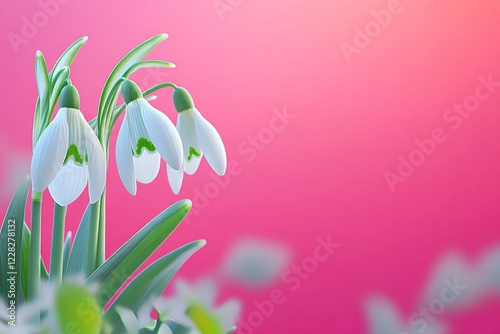 Delicate white snowdrop flowers bloom on a vibrant pink background, perfect for seasonal designs