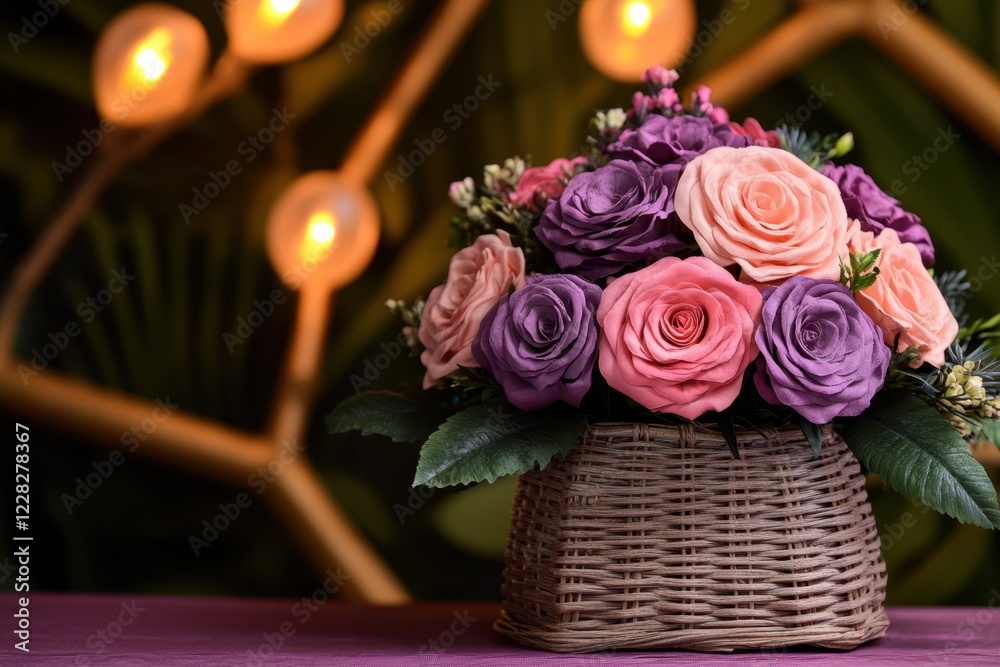 Obraz premium A charming basket brimming with vibrant flowers rests on a table, illuminated by soft, twinkling lights that create a romantic ambiance.