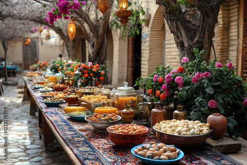 A traditional Nowruz table setting with goldfish bowl, showcasing festive decorations and symbolic elements for Iranian New Year celebration photo