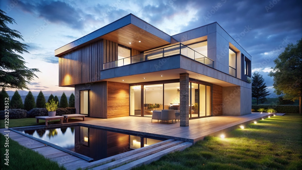 Fototapeta premium Modern White Concrete House Night Exterior 3D Render - Architectural Photography