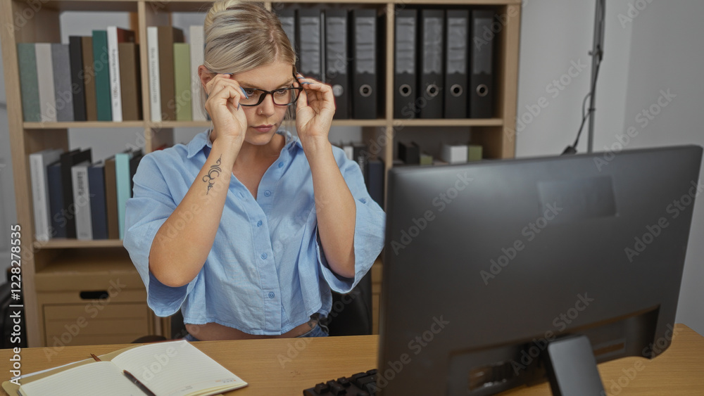 Woman adjusting glasses while working at a computer in an office, with bookshelves and files in the background, appearing focused and professional. Woman adjusting glasses while working at a computer in an office, with bookshelves and files in the background, appearing focused and professional.