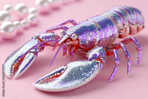 A lobster adorned with shimmering sequins and pearls on a soft lavender backdrop
