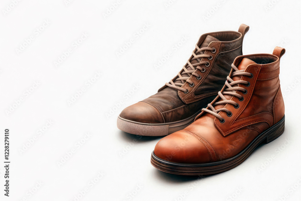 Two leather boots: classic and casual. Space for text. Two leather boots: classic and casual. Space for text.