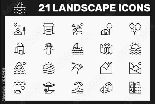 set of landscape line icons nature based, thin line editable vector logo