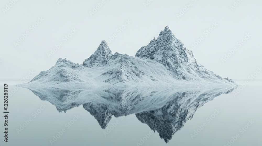 Obraz premium Serene icy mountain landscape reflecting on calm water with soft light and minimal background details