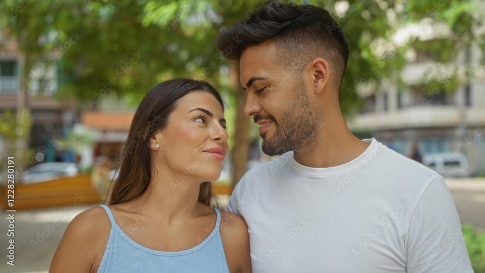 Man and woman sharing a loving moment in an outdoor urban park, surrounded by lush greenery and city buildings in the background Man and woman sharing a loving moment in an outdoor urban park, surrounded by lush greenery and city buildings in the background