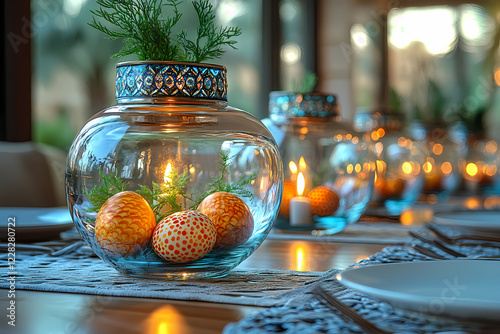 A festive Nowruz table setting with traditional elements, including goldfish in a decorative bowl, symbolizing luck and renewal photo