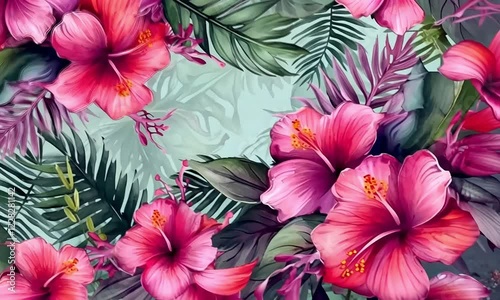 Wallpaper Mural Vibrant hibiscus floral design, tropical leaves, teal background, textile print Torontodigital.ca