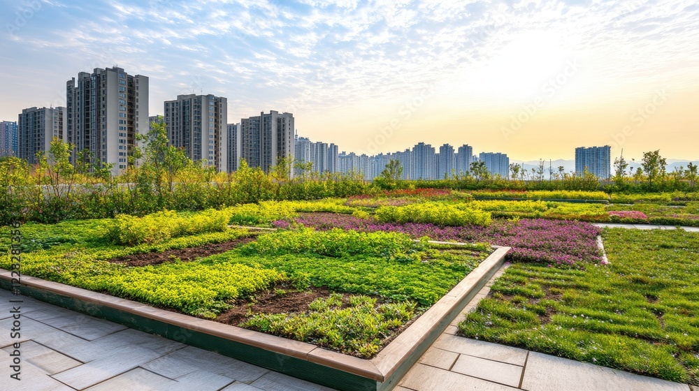 Fototapeta premium A green roof garden on an urban skyscraper under sunny skies.