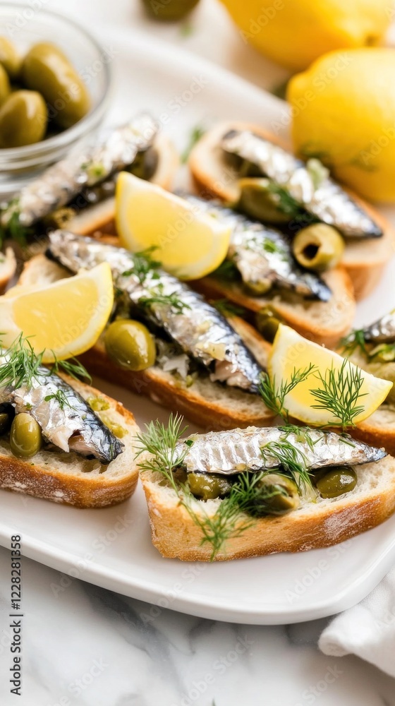 Crisp baguette slices topped with sardines, olives, and lemon served elegantly on a white plate Crisp baguette slices topped with sardines, olives, and lemon served elegantly on a white plate