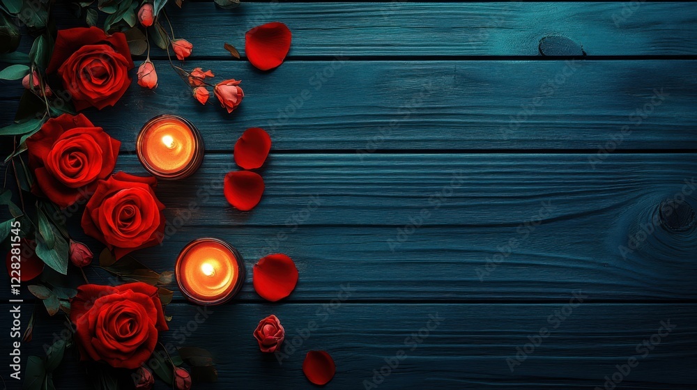 A romantic scene with vibrant roses, flickering candles, and delicate petals scattered on a rustic wooden table, perfect for celebrating love on Valentine's Day. A romantic scene with vibrant roses, flickering candles, and delicate petals scattered on a rustic wooden table, perfect for celebrating love on Valentine's Day.