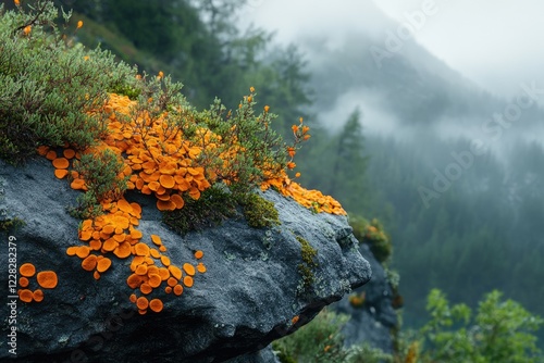 Vibrant orange lichen thrives on a mossy rock overlooking a misty mountain forest. photo