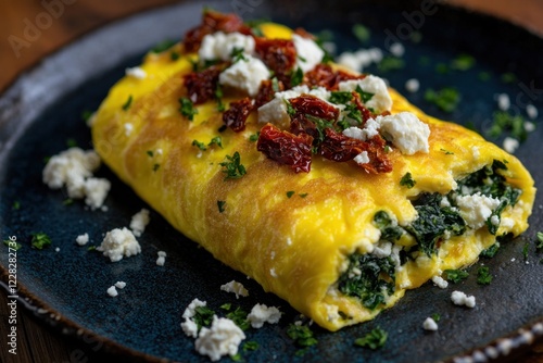 Savory rolled omelette with feta, spinach, and sun-dried tomatoes, beautifully lit photo