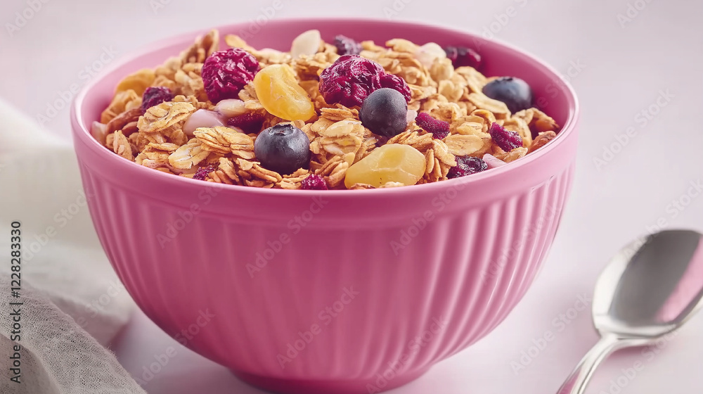 Pink bowl brimming with granola, berries, and dried fruit for a healthy breakfast Pink bowl brimming with granola, berries, and dried fruit for a healthy breakfast