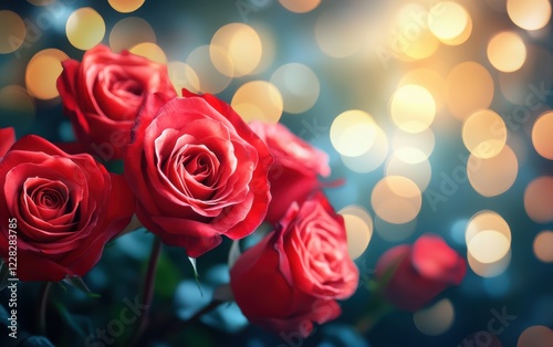 A stunning arrangement of red roses fills a vase, their vibrant petals contrasting against a dreamy bokeh background, radiating love and romance.
