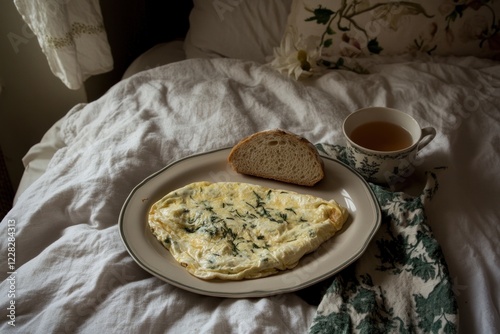 Enjoy a calming breakfast of herb omelette, fresh bread, and tea on a soft mat in muted tones photo