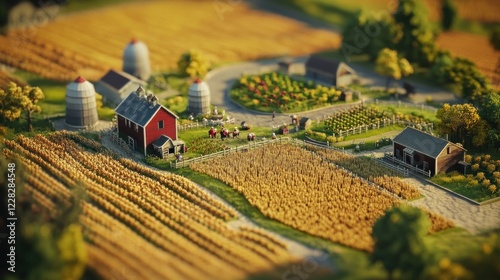 A miniature farm scene with golden fields, a red barn, silos, and figures working the land