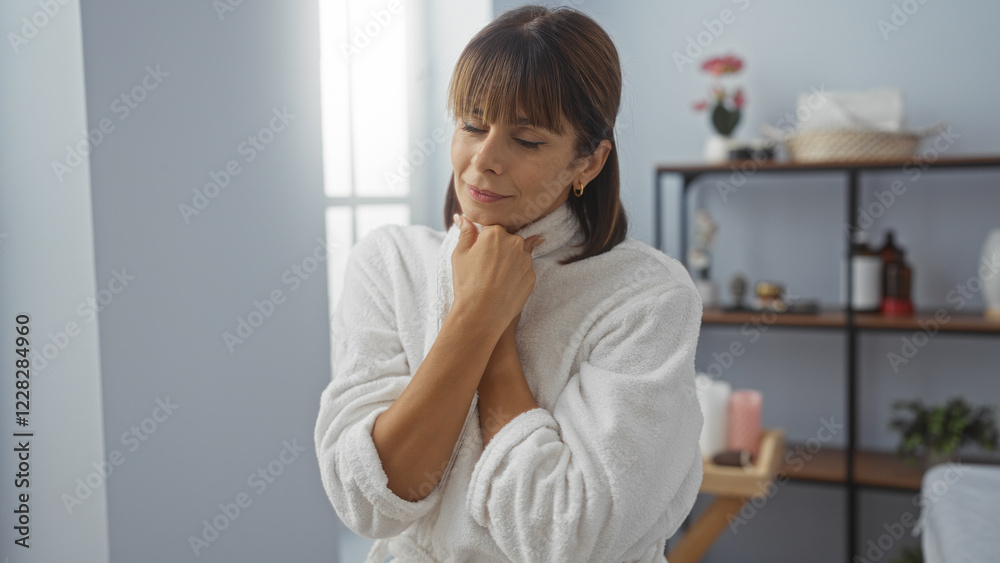 Woman relaxing in a spa wearing a white robe, with a serene expression, standing in a well-lit, cozy salon room with a shelf in the background containing beauty and wellness products. Woman relaxing in a spa wearing a white robe, with a serene expression, standing in a well-lit, cozy salon room with a shelf in the background containing beauty and wellness products.