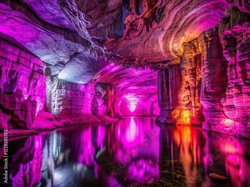 Neptune Caves, Couvin, Belgium:  Stunning Purple-Pink Illuminated Underground Rock Formation photo