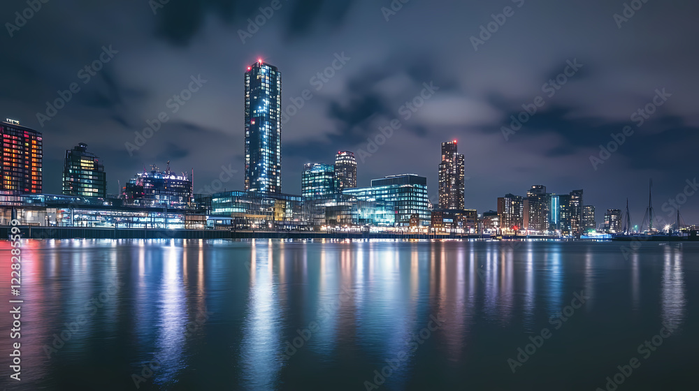 Illuminated city skyline reflecting on water at night under dramatic cloudy sky. Radiant Horizon. Illustration Illuminated city skyline reflecting on water at night under dramatic cloudy sky. Radiant Horizon. Illustration